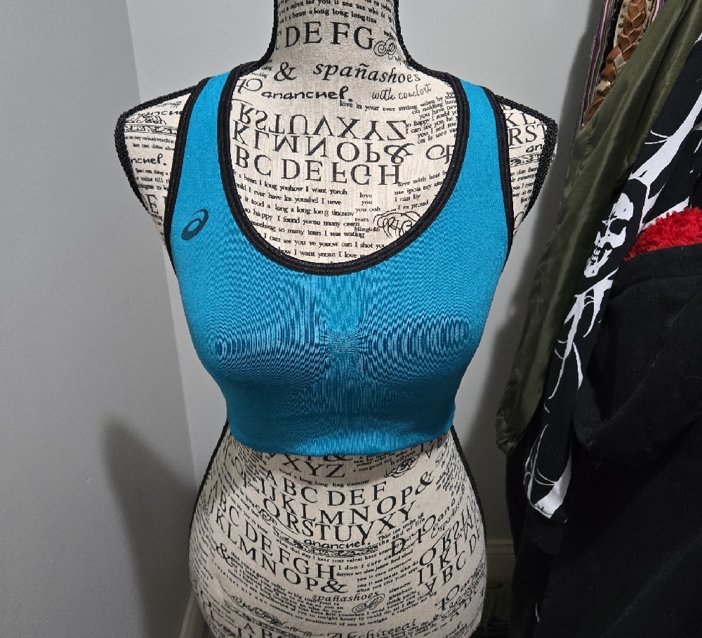 Asics Blue, Orange, And Black Racerback Sports Bra with Textured Detail